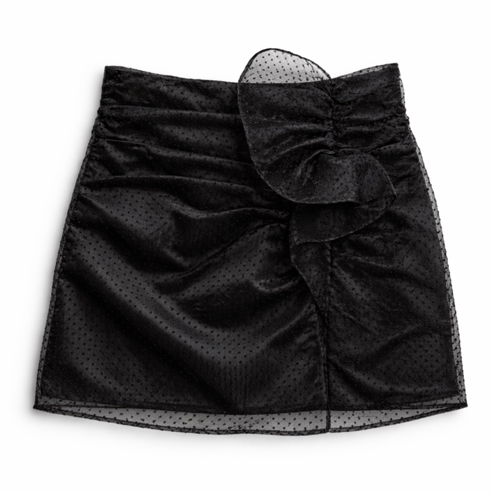 Topshop Black Mini Skirt Size S Mesh Polka Dot Ruched Ruffle Skirt